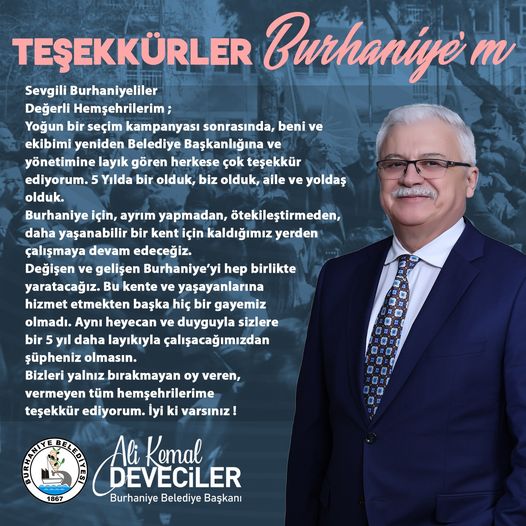 BURHANİYE BELEDİYE BAŞKANI ALİ KEMAL DEVECİLER'DEN TEŞEKKÜR MESAJI